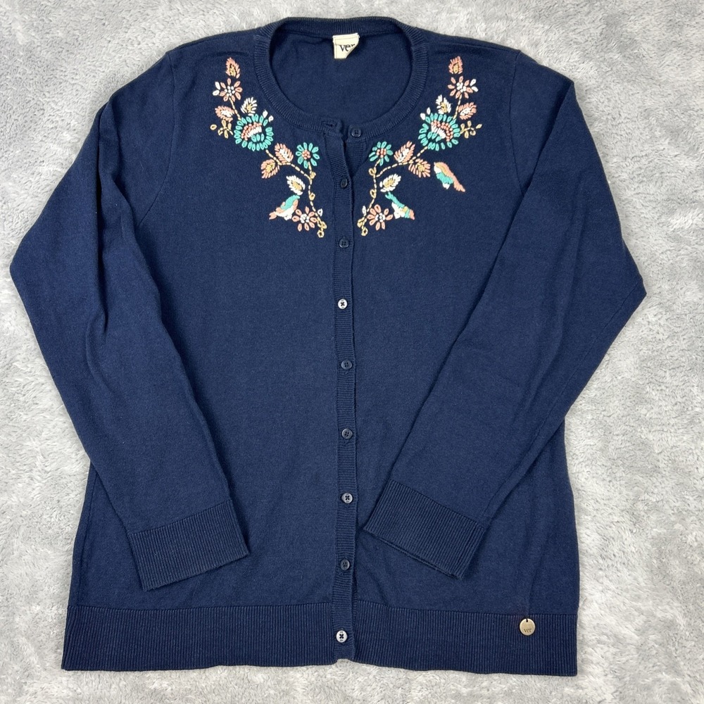 Ver Women's Large Navy Cardigan Hand Embroidered Birds Floral Full Button Fitted